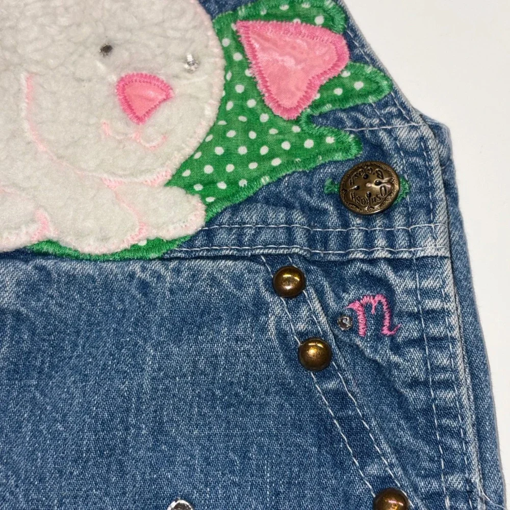 Vintage Osh Kosh Bgosh Custom Denim Bunny Overalls Hearts Rhinestones Blue Pink